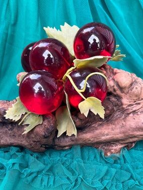 Vintage 60’s Lucite RedGlass Grape Cluster on Driftwood Decorative Sculpture